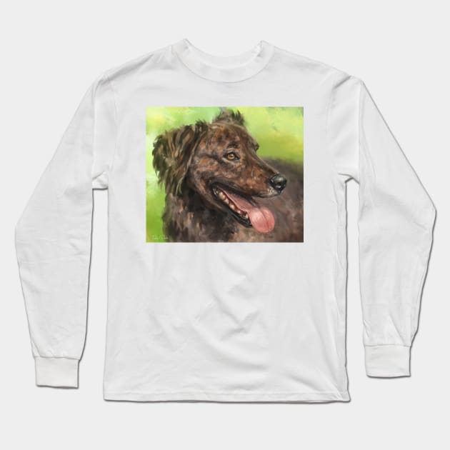 Painting of a Brown Brindle Long Hair Dutch Shepherd with its Tongue Out Long Sleeve T-Shirt by ibadishi